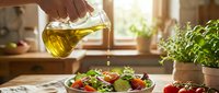 Olive oil pouring over fresh vegetable salad with tomatoes and greens on wooden table near window, healthy cooking and nutrition.