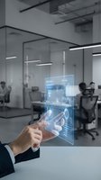 Businessman hand touching futuristic holographic interface with data analytics in modern office environment for digital transformation presentations.