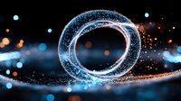 Glowing spiral light trail with sparkles and bokeh effects against dark background creates magical atmosphere for technology and innovation concepts.
