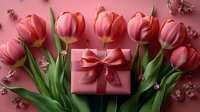 Pink tulips arranged around elegant gift box with ribbon bow on soft pink background for spring celebration and romantic occasions.