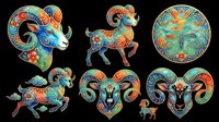 Colorful ornamental ram and goat designs with intricate patterns, isolated on transparent background. Ready for t-shirt designs, clipart, stickers, sublimation, and print-on-demand products.