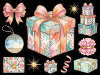 Festive gift boxes with bows, ornaments, and ribbons isolated on transparent background. Ready for t-shirt designs, stickers, clipart, sublimation, print-on-demand products, and holiday crafts.