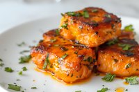 Glazed salmon bites garnished with fresh herbs on white plate, caramelized with sweet and savory Asian-inspired sauce, close up view of appetizing seafood.