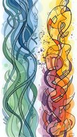 Abstract watercolor music notes flowing in vibrant rainbow gradient from cool blues to warm oranges, artistic musical composition for creative projects.