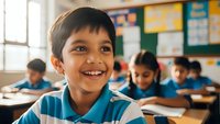 Happy young South Asian boy student smiling in elementary school classroom with classmates studying at desks in background during lesson time.