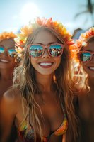 Young woman with bright smile wearing sunglasses with crowd reflection at summer festival, adorned with orange flower crown and colorful bikini top in golden sunlight.