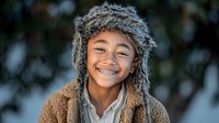 Happy mixed-race child wearing winter fur hat and warm coat smiling outdoors in snowy weather showing dental braces during cold season activities.