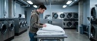 Young Caucasian male employee folding clean white linens at commercial laundromat with industrial washing machines and dryers in background.