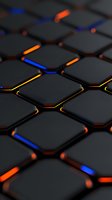 Dark geometric tiles with glowing orange and blue neon edges create futuristic pattern. Abstract technological background with illuminated hexagonal shapes.