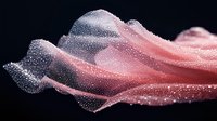 Ethereal pink fabric floating underwater with air bubbles and droplets creating dreamy, mysterious atmosphere against dark background. Suitable for luxury fashion campaigns.
