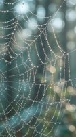 Intricate spider web adorned with morning dew drops creating sparkling patterns against soft blurred natural background in early sunlight.