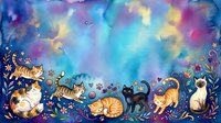 Whimsical cats lounging among golden floral ornaments and decorative swirls against a dreamy watercolor gradient sky in shades of blue, purple, and gold.