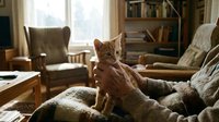 Tabby kitten sitting on cozy sofa in warm living room with natural sunlight, comfortable home interior with furniture and bookshelves.