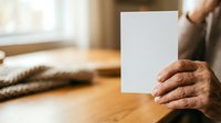 Mature man with medium skin tone holding blank white card in hands at wooden table with natural window lighting, suitable for business presentations, marketing mockups, and corporate communications.