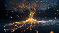 Glowing golden tree silhouette with luminous roots spreading across dark surface, magical light particles and bokeh effects creating mystical atmosphere.