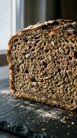 Artisan whole grain seeded bread loaf with sunflower seeds and pumpkin seeds on dark slate surface. Healthy organic bakery product for nutritious breakfast.