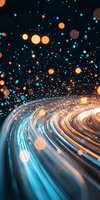 Abstract light trails curve through darkness with floating luminous orbs in blue and orange creating magical cosmic atmosphere. Suitable for tech and future concepts.