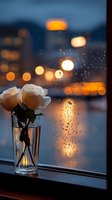 White roses in glass vase on windowsill against rainy window with blurred city lights bokeh creating romantic evening atmosphere. Perfect for greeting cards.