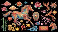Colorful Chinese zodiac horse clipart set with lanterns, peonies, phoenix, bamboo, gold coins, and lucky charms, isolated on transparent background, for t-shirt design and print on demand.