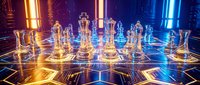 Futuristic glass chess set glowing with golden and blue light on high-tech digital board in cyberpunk style gaming environment for strategic thinking concepts.