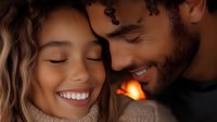 Young African American couple sharing intimate moment with warm candlelight, expressing genuine joy and romance through natural smiles and closed eyes.