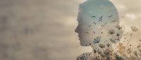 Double exposure silhouette of woman with flying birds and wildflowers against cloudy sky background for mental health and freedom concepts.