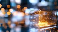 Glowing glass cube with magical golden sparkles and bokeh lights creating ethereal atmosphere against blurred dark background. Festive holiday concept.