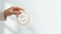 Hand protecting glowing shield with checkmark icon representing security, insurance protection, data safety and business risk management concepts.
