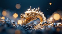 Golden dragon figurine with fierce expression against dark background with glowing bokeh lights and water droplets creating magical atmospheric composition.