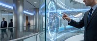 Professional businessman in suit interacting with futuristic holographic interface displaying data analytics in modern corporate office environment.