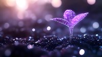 Purple glowing plant seedling emerging from dark soil with magical bokeh lights and sparkles creating dreamy growth and new life concept for wellness designs.
