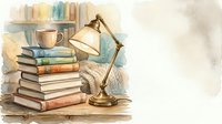 Stacked vintage books with brass desk lamp and wooden shelf, watercolor style illustration for library, education, and reading room decor.