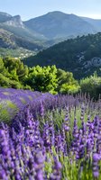 Blooming lavender field against dramatic mountain landscape with lush green forests and distant village nestled in valley, captured during summer season.