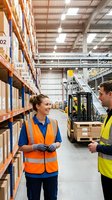 Two warehouse workers in safety vests having friendly conversation among storage shelves in modern distribution center with forklift operations.