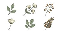 Botanical line art elements with leaves and flowers in muted green and tan tones, isolated on white background. Ready for design use on textiles, invitations, and branding projects.