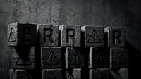Error message displayed with warning symbols on wooden blocks against textured dark background, representing system failure, caution alerts, and digital problems for web design and technology concepts.