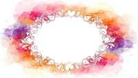 Watercolor oval frame with decorative swirls and hearts in vibrant pink, purple, orange gradient colors on white background for romantic designs.