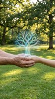 Hands holding glowing tree symbol in park representing environmental protection, sustainability, growth, and nature conservation for eco-friendly concepts.
