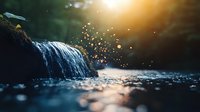 Magical waterfall stream with glowing particles in sunlight, close-up nature shot with shallow depth of field and dark moody atmosphere creates dreamy scene.