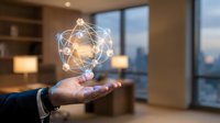 Hand holding glowing geometric network sphere with connected lines and nodes in modern office with city skyline view, representing digital innovation and technology.