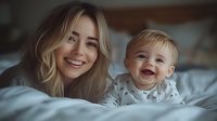 Young mother and baby boy lying on bed sharing joyful moment together, genuine emotions and happiness captured in warm moody lighting, lifestyle family photography.