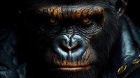 Close up portrait of dark primate face with intense amber eyes and prominent facial features against black background, dramatic lighting highlights expressive details.