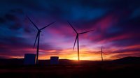 Dramatic sunset silhouettes wind turbines against vibrant purple and orange sky, highlighting renewable energy and sustainable power generation in rural landscape.
