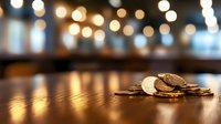 Small pile of coins on wooden table with warm bokeh lights in blurred restaurant or cafe background creating cozy atmospheric dining scene for financial concepts.