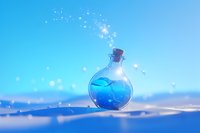Magical blue potion bottle with glowing sparkles floating above tranquil water surface at dusk, creating ethereal atmosphere for fantasy and mystical designs.