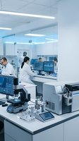 Modern laboratory with scientists in white coats working with advanced analytical equipment and computers in sterile research facility environment.
