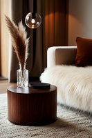 Modern living room interior with brown pampas grass in crystal vase on wooden coffee table, pendant light, and cozy white faux fur throw on sofa.