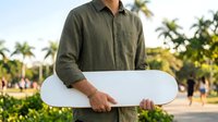 Male skateboarder with olive shirt holding blank white skateboard deck in sunny park with palm trees and blurred people in background.