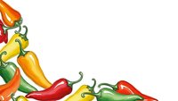 Colorful hot chili peppers border frame on white background with copy space for text and design projects.