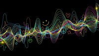Colorful neon sound waves with musical notes and symbols flowing across black background for audio technology and music production designs.